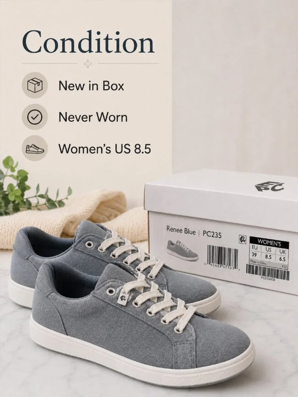 Aetrex Renee Women’s 8.5 Blue Canvas Comfort Sneakers New in Box